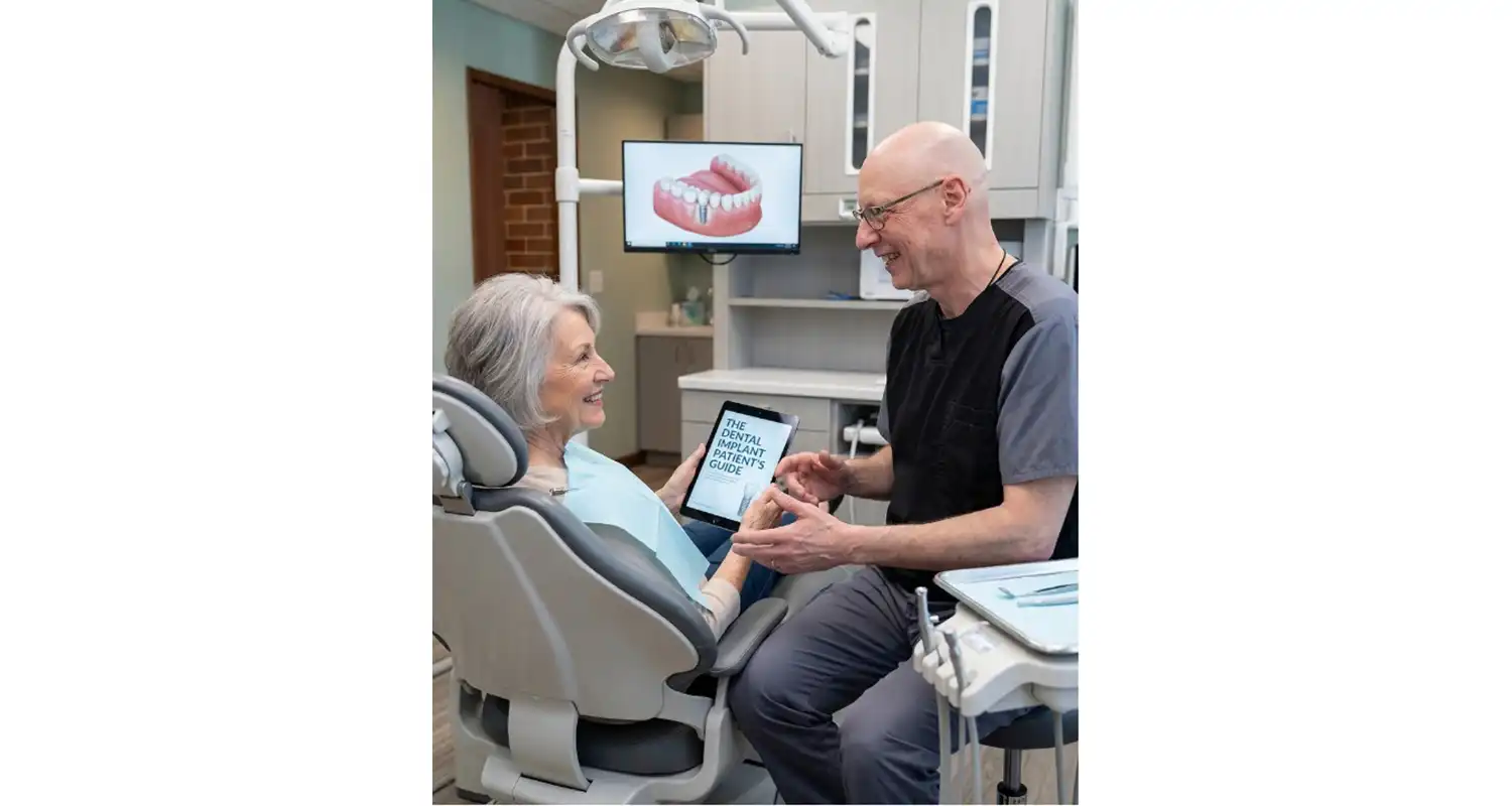 Dentist showing a tablet with 'The Dental Implant Guide' to an elderly woman in a dental chair, smiles as they discuss treatment.