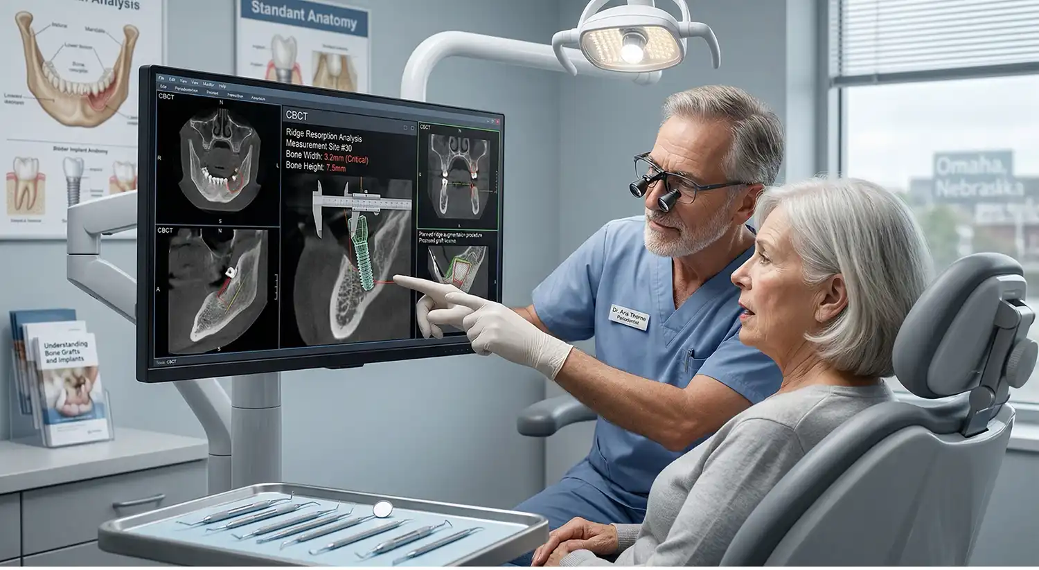 Dentist points to jaw implant images on a large monitor while explaining to an elderly patient in the dental chair.