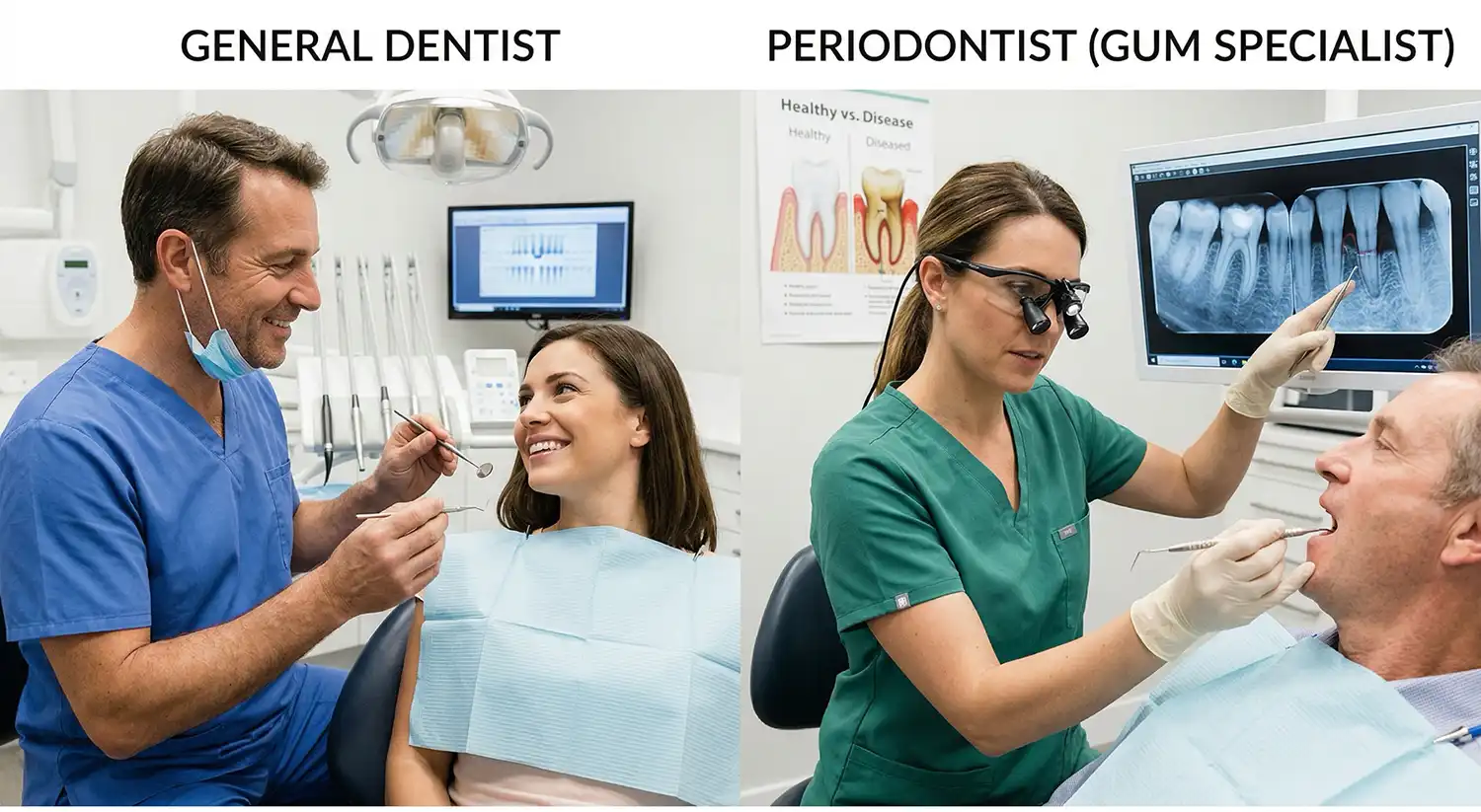 Split-image: left side shows a general dentist in blue scrubs smiling with a female patient in a dental chair; right side shows a periodontist in green scrubs pointing to a mouth X-ray on a monitor while examining a male patient.