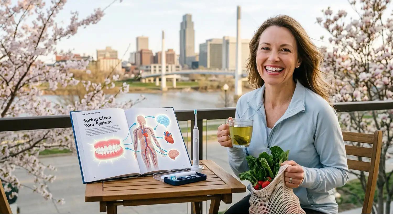 Spring-Cleaning-for-your-System Smiling woman on a balcony with a health book open to dental and body diagrams, a toothbrush on the table, and a bag of greens with tea in hand.