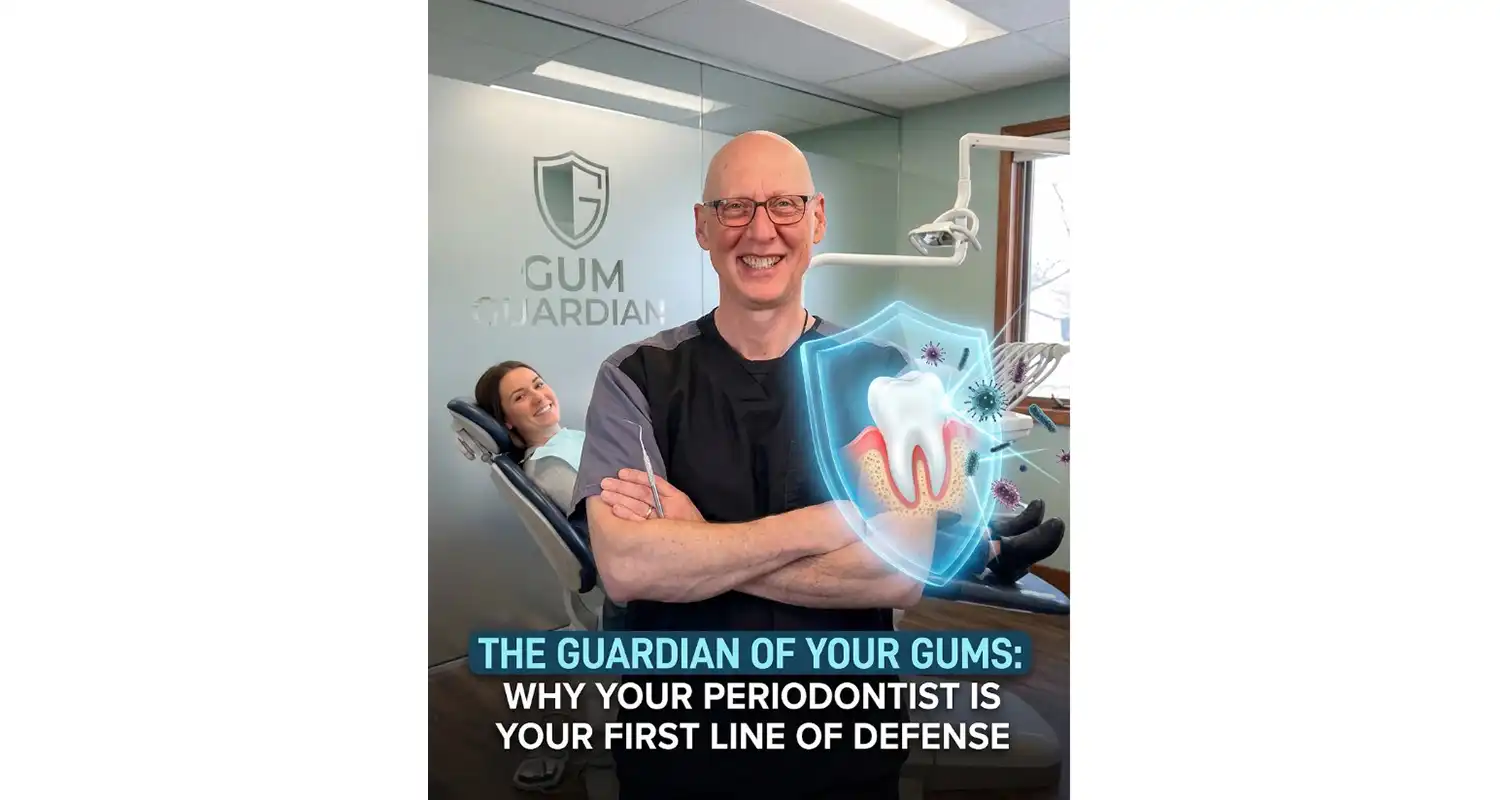 Dentist smiling in clinic with a patient in the background; a glowing tooth shield graphic protects gums. Title reads: 'The Guardian of Your Gums'.