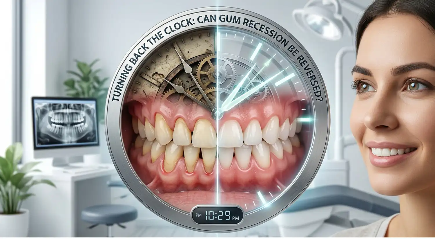 A conceptual split-screen graphic of a clock face over a patient's mouth. The left side shows an aged clock face with receding gums and exposed tooth roots, while the right side shows a modern clock face with healthy, restored gum tissue, illustrating the clinical reversal of gum recession.