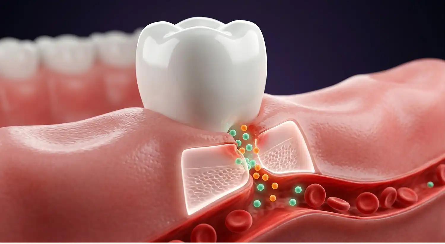 What-are-Leaky-Gums Cross-section of gums around a molar with bacteria at the gum line and red inflammation nearby.