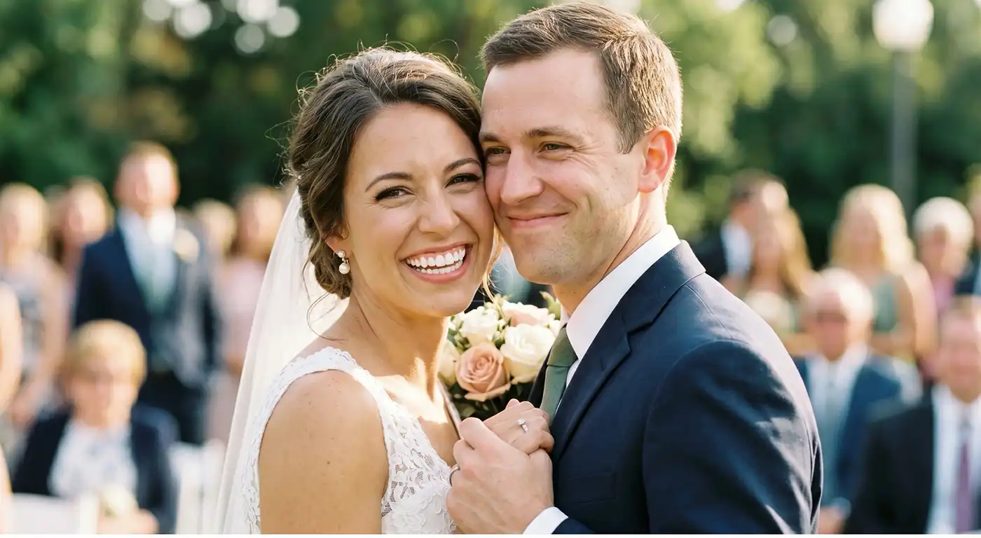 Wedding=Season-Ready Bride and groom smiling together at their wedding, holding hands and bouquet, with guests in the blurred background.