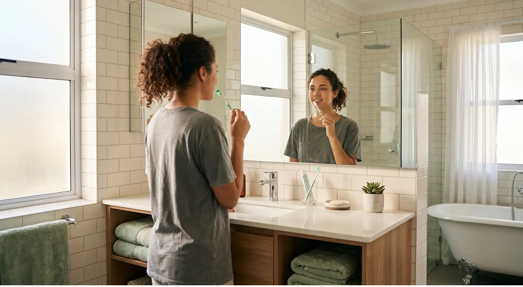 bleeding-gums-when-brushing Person brushing teeth at a bathroom sink, looking into a large mirror.