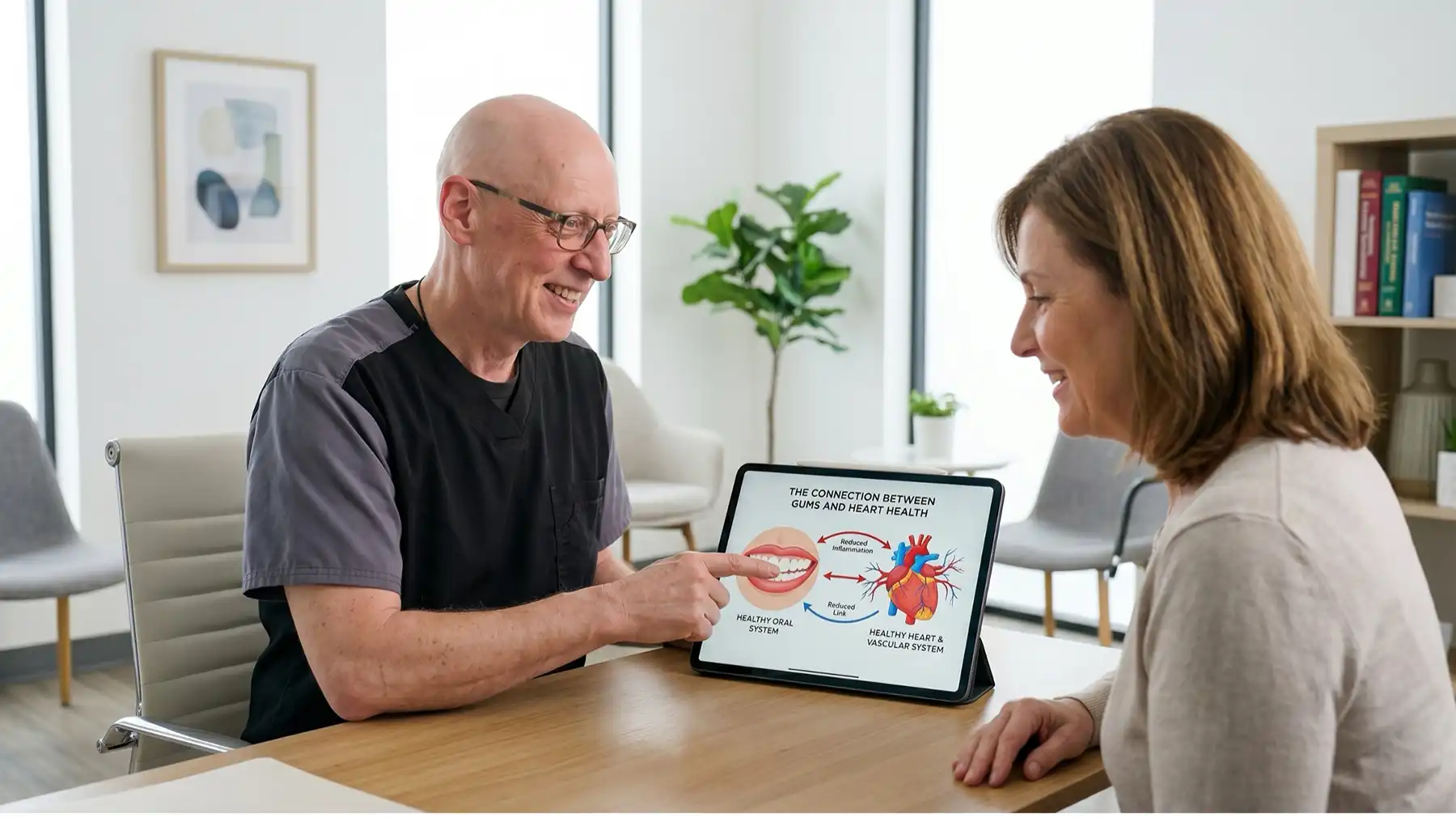 full-body-connection Doctor and patient discuss a diagram on a tablet showing the connection between oral health and heart health in a bright clinic.