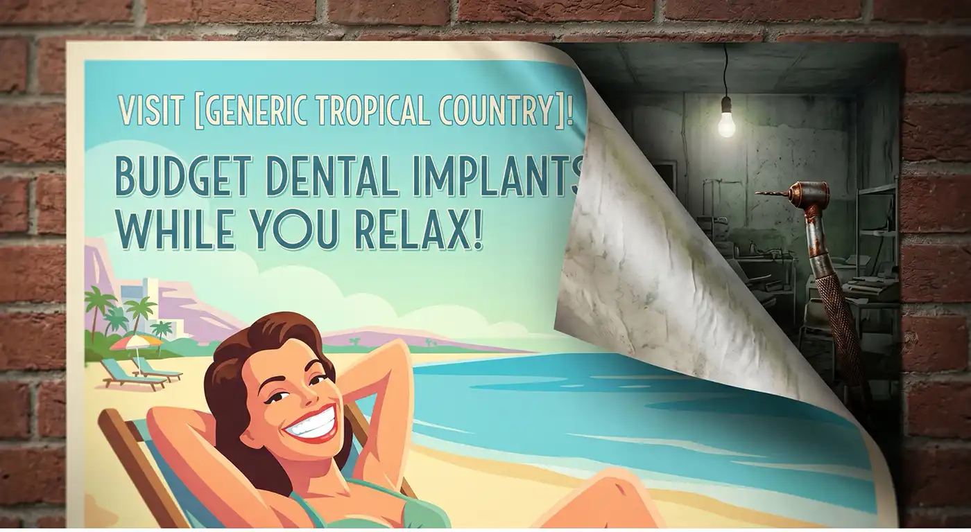 hidden-dangers-dental-vacation Bright beach-themed poster on a brick wall advertising budget dental implants while you relax, with a smiling woman lounging on the beach; the page curls to reveal a dark workshop with a drill in the background.