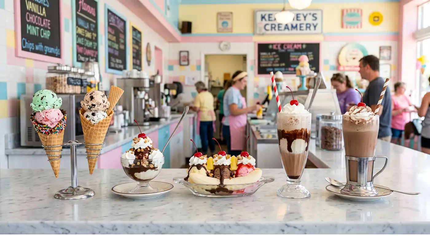 ice-cream-seasonal-survival Assorted ice cream treats on a marble counter: cone twins on a stand, sundaes, a banana-split style dessert, and a tall chocolate milkshake with whipped cream and a cherry in a colorful shop.