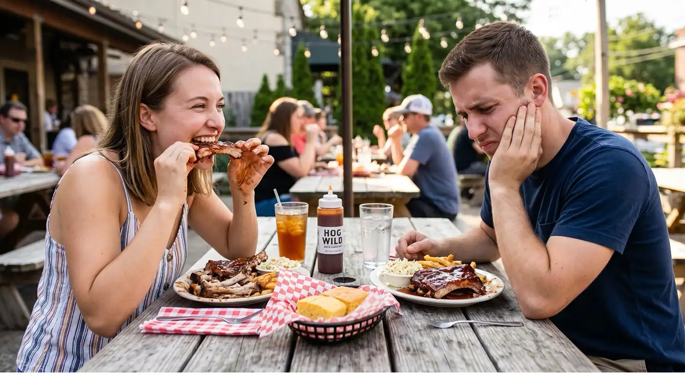Woman happily eats a rack of ribs at an outdoor patio table as a man beside her looks pained, head resting on his hand.