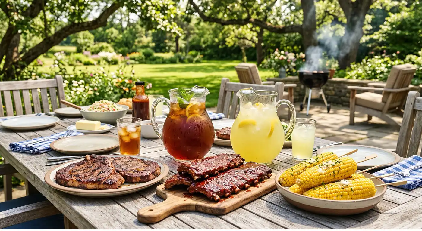 summer-smile-blueprint Outdoor wooden table set for a barbecue with grilled steaks, ribs, corn on the cob, salads, and two pitchers of lemonade and iced tea, in a sunny garden.