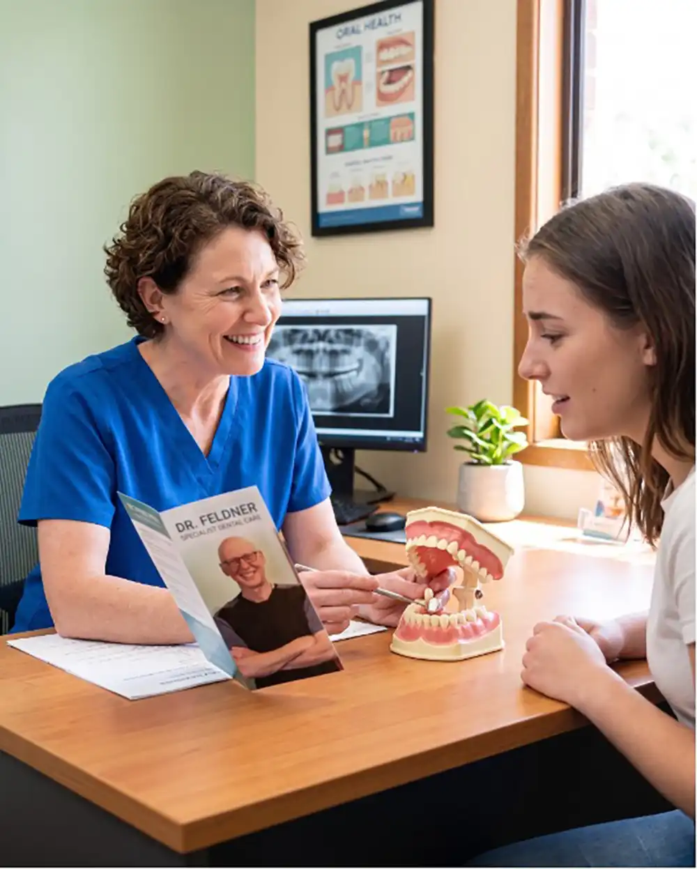 why-general-dentist-referred-to-periodontist Dentist in blue scrubs explains dental options to a patient using a jaw model and a brochure on a desk.
